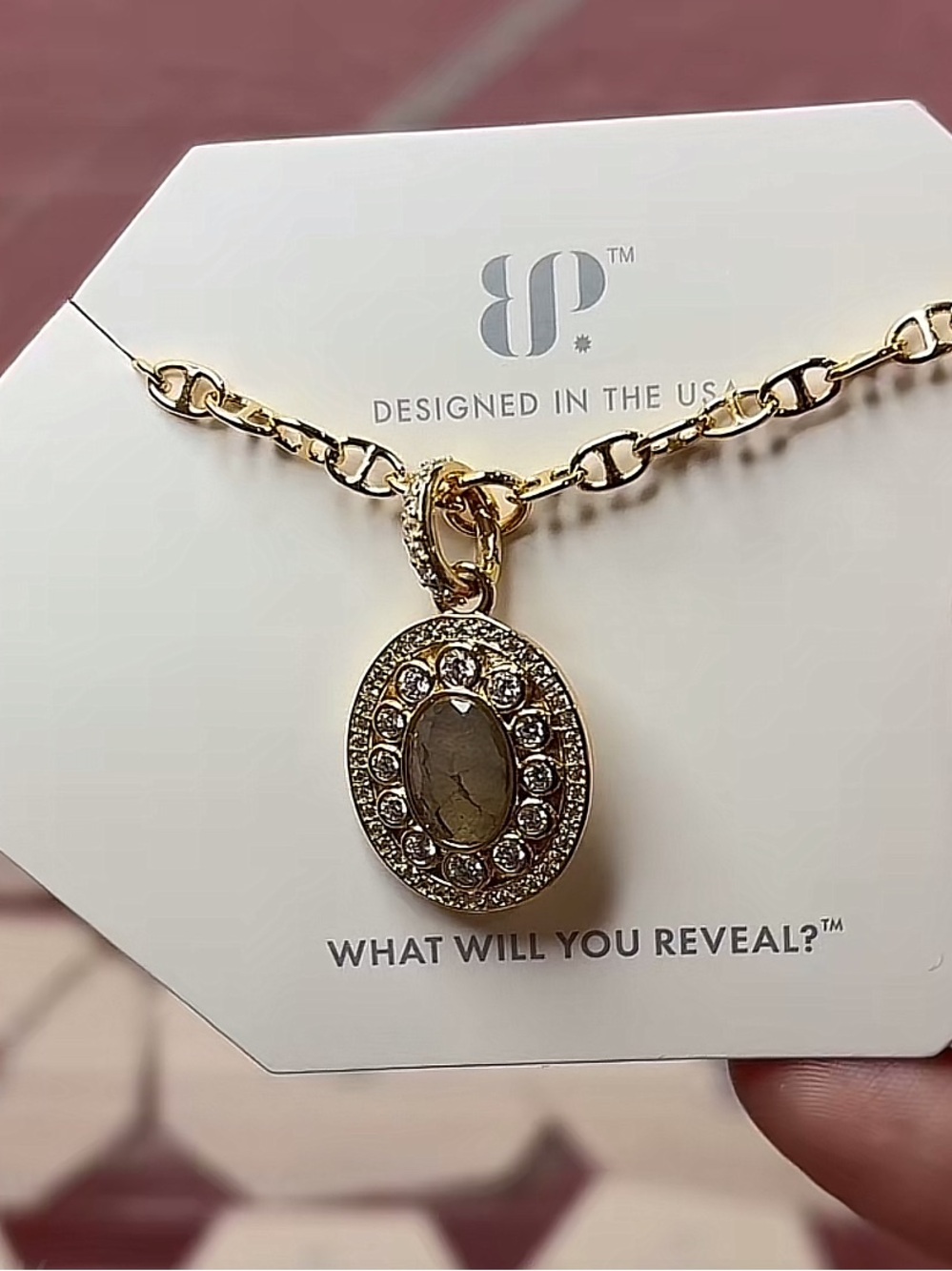 Bomb Party Gold and green stone Oval Pendant Necklace